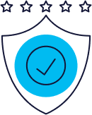 Shield with a blue circle on it containing a circle with a check in it and five stars above the shield