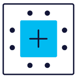 Blue square with a plus symbol in the middle with black dots around that symbolizes bringing SaaS data into one place.