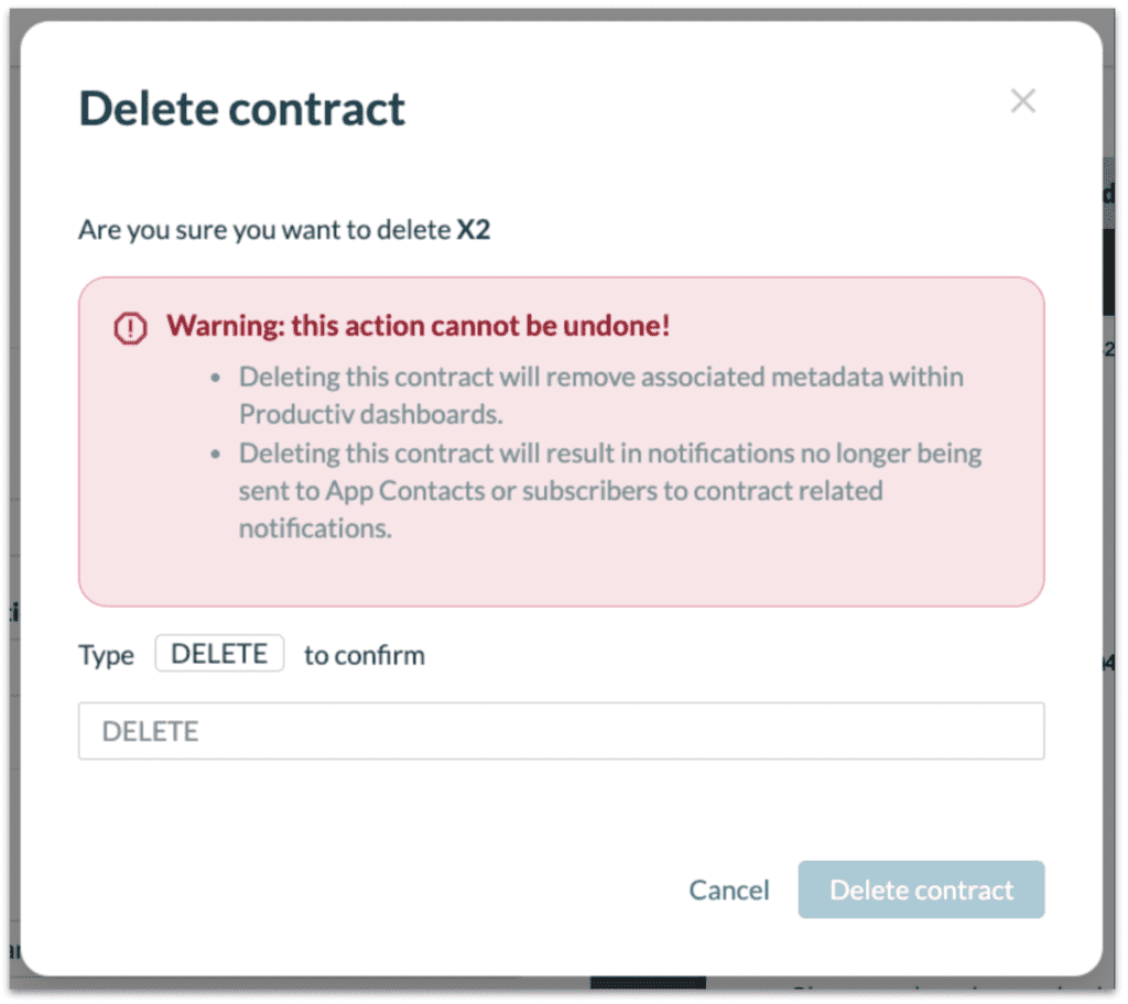 Productiv product screenshot showing the delete contract form.