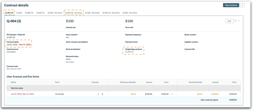 Productiv product screenshot highlighting the creation of a new contract from an auto-renewal.