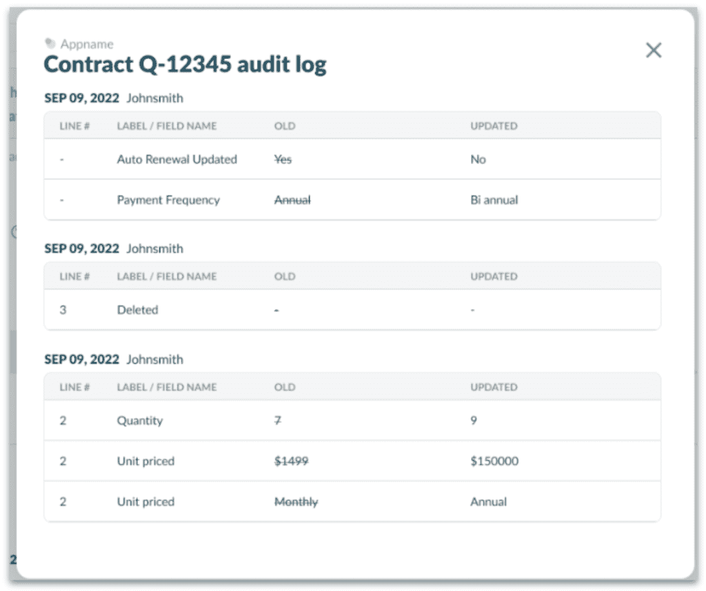 Productiv product screenshot showing contract renewal history and notes for an app.