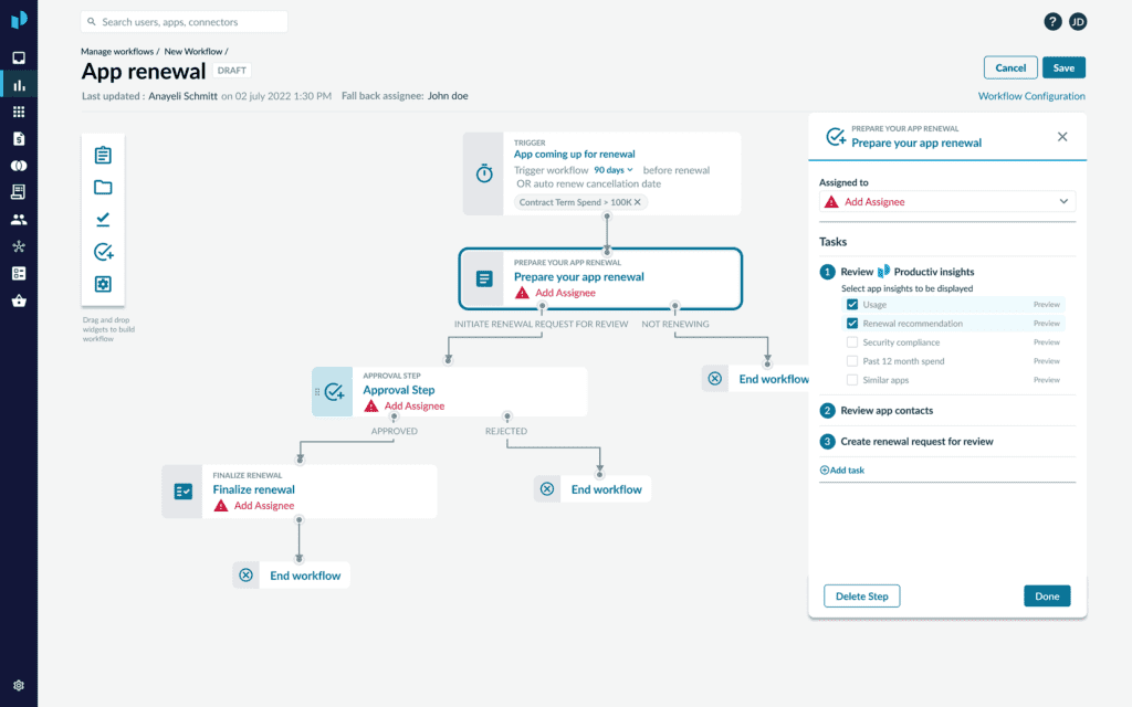 Productiv App Procurement Hub's Workflow Builder screenshot.