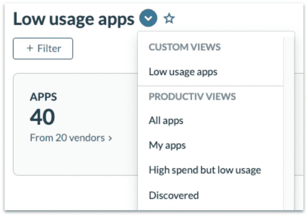 Screenshot of the Productiv SaaS Intelligence platform showing a drop down menu with custom views.