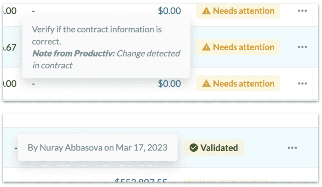 Productiv product screenshots showing contract status updates.