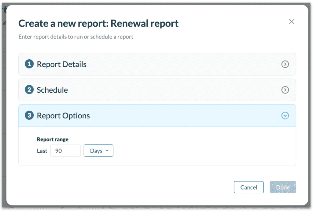 Productiv product screenshot showing the creation of a new report