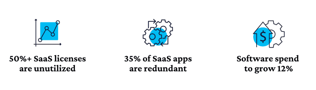 50%+ SaaS licenses are utilized. 35% of SaaS apps are redundant. Software spend to grow 12%.
