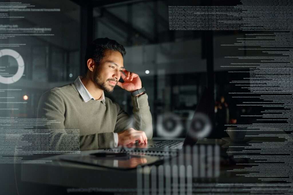 Image depicts a man developing an AI strategy.